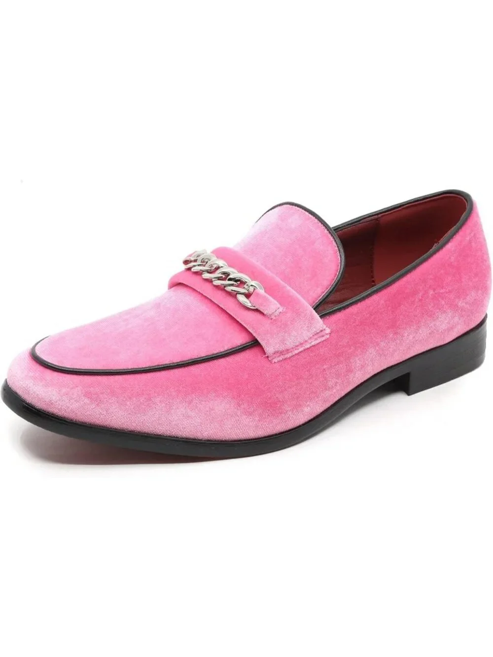 Metrocharm Men's Pink Vintage Velvet Loafers Gold Chain Buckle Slip On Shoes